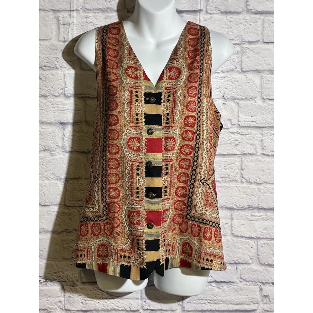 Emanuel Ungaro Wool Paisley Medallion Vest Size 8 Boho Ethnic Brass Buttons